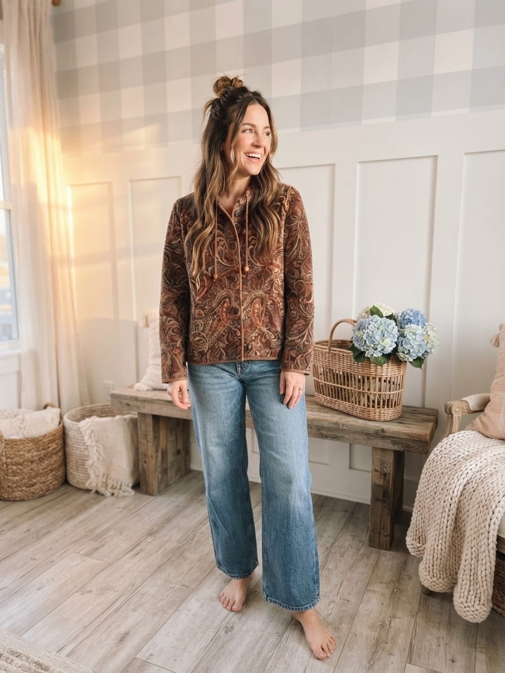 Tapestry Brown Paisley Utility Jacket with Zip Front XL
